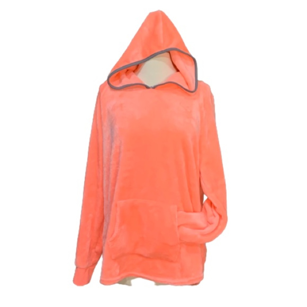Neon orange fleece sweater with hood and pocket